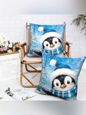 🛍️New🛍️Festive Blue Penguin Holiday Throw Pillow Covers (No Inserts)